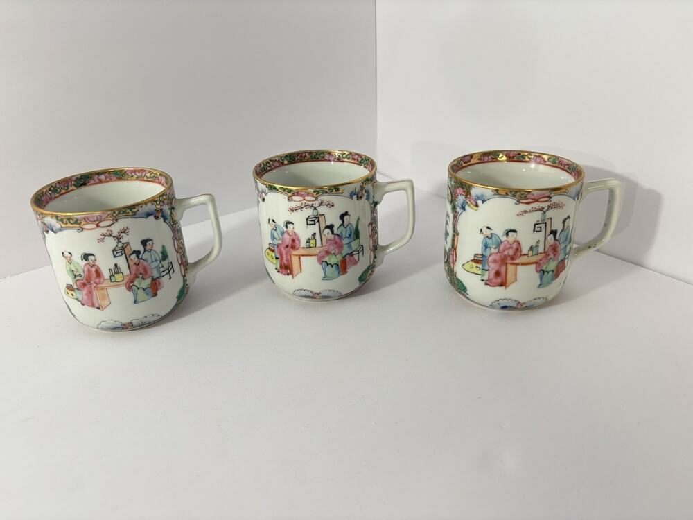 Antique Chinese Hand Painted Porcelain Tea Cups Qing Dynasty Style Set of 3